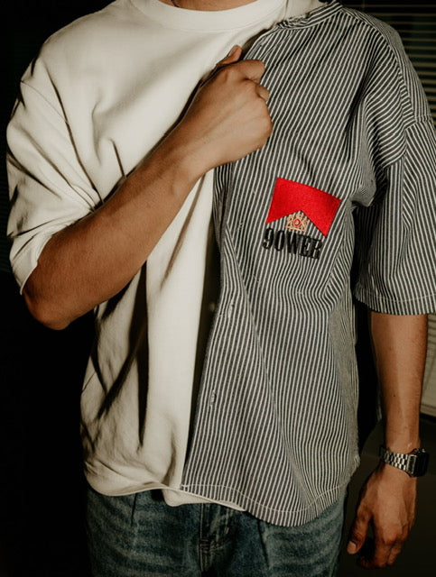 90WER Striped Band Collar Shirt