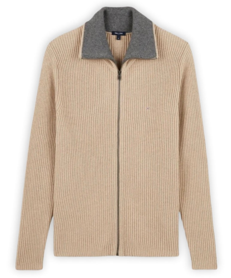 Beige zip-neck jumper in ribbed knit