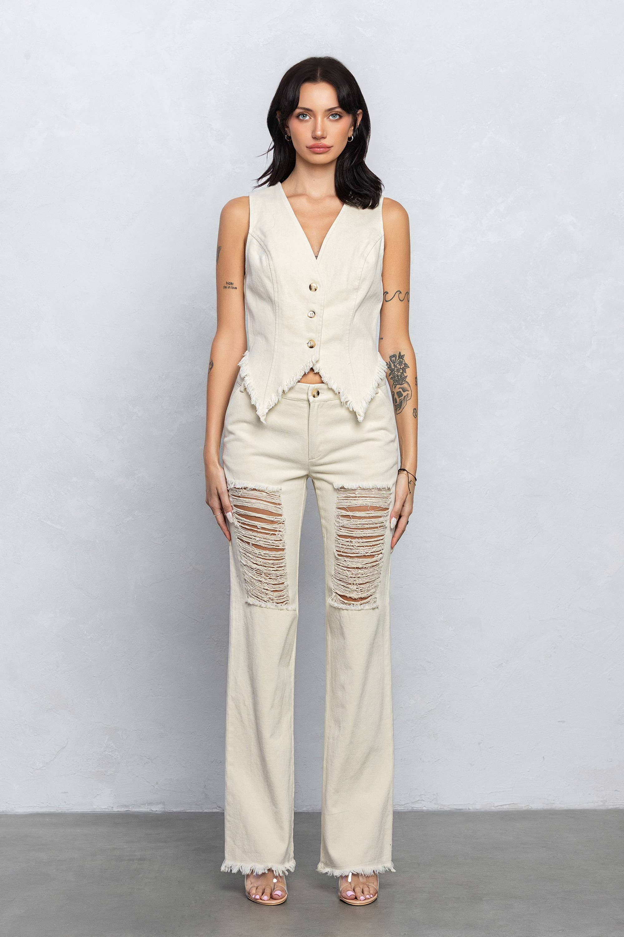 Distressed soft twill vest set